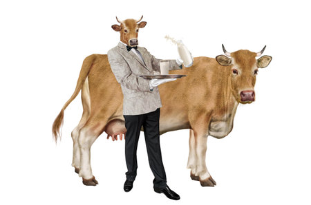 Cow and man with a tray of milk isolated on a white backgroundの写真素材