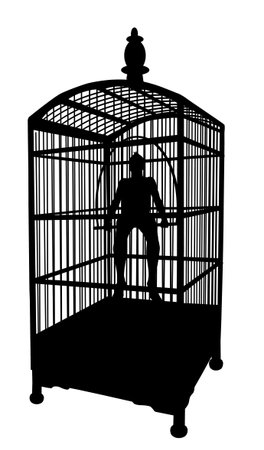 silhouette of man in a cage on a white background.の写真素材