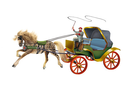 Horse-drawn carriage with a rider on a white background.の写真素材