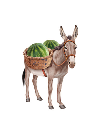 Donkey with watermelons in a basket isolated on white backgroundの写真素材