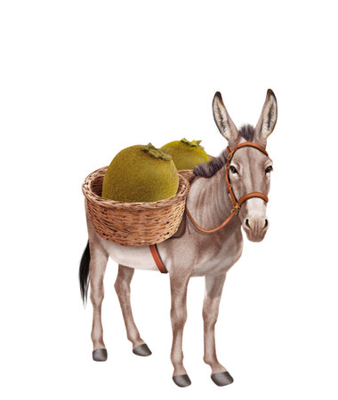 Donkey carrying a basket of fruit isolated on white backgroundの写真素材