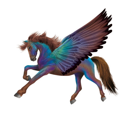 3D digital render of a fantasy horse with wings isolated on white backgroundの写真素材