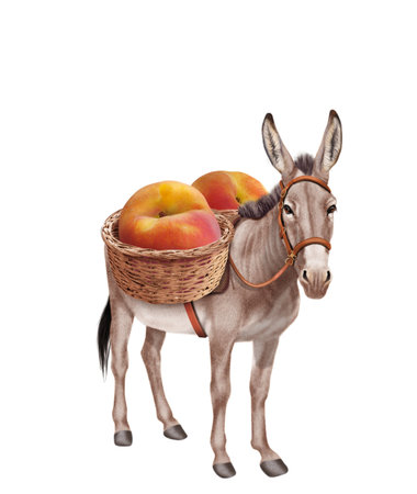 Donkey with peach basket isolated on white background. 3d illustrationの写真素材