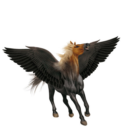 3D digital render of a flying horse with wings isolated on white backgroundの写真素材