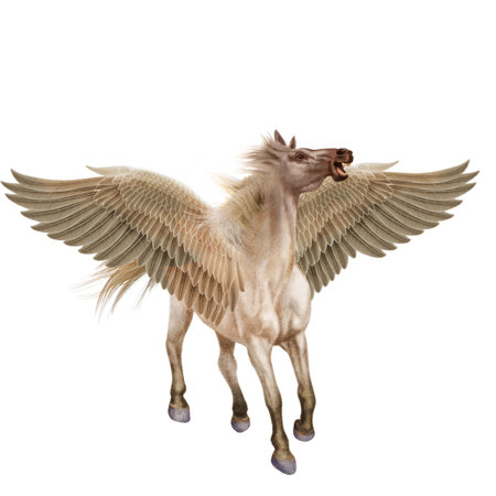 3D digital render of a horse with wings isolated on white backgroundの写真素材