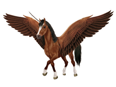 3D rendering of a fantasy horse with wings isolated on white backgroundの写真素材