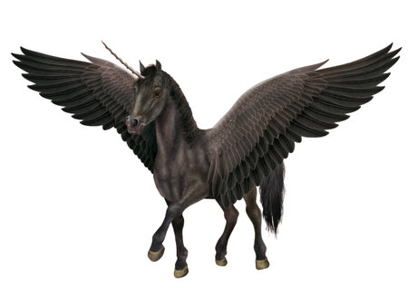 3D digital render of a flying black horse isolated on white backgroundの写真素材