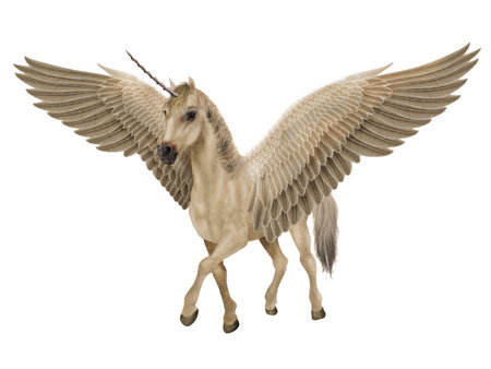 3D digital render of a horse with wings spread isolated on white backgroundの写真素材