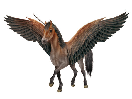 3D digital render of a fantasy horse with wings isolated on white backgroundの写真素材