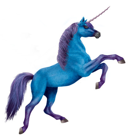 3D rendering of a fantasy blue unicorn with purple mane isolated on white backgroundの写真素材