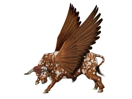 3D digital render of a flying wild buffalo isolated on white backgroundの写真素材