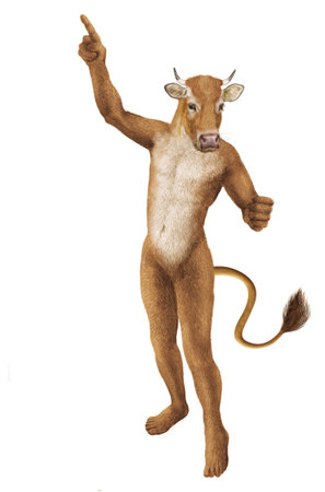 3D digital render of a red cow with horns isolated on white backgroundの写真素材