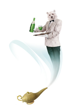 Image of teddy bear waiter holding tray with bottle of wineの写真素材