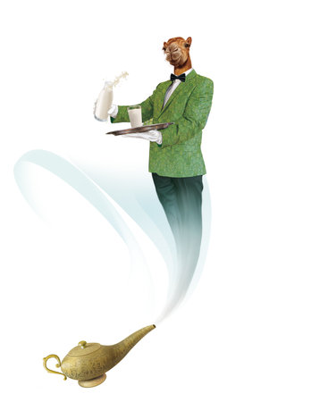 Vector illustration of a magician with a magic lamp and a cup of teaの写真素材