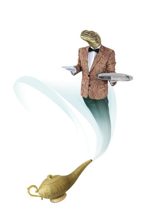 Conceptual image of a man in a suit and tie as a genie with a magic lampの写真素材