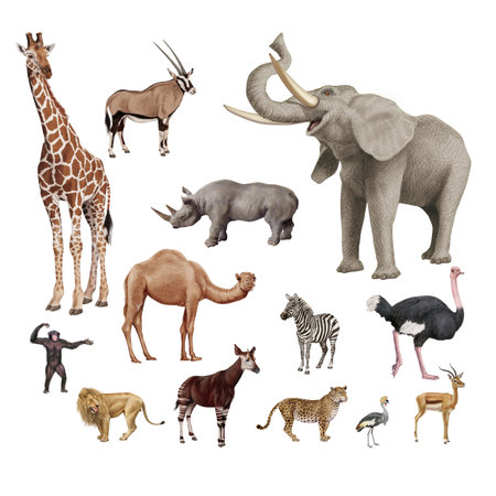 Set of African animals isolated on white background. Watercolor illustration.