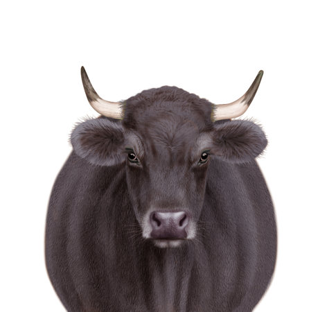 Black cow isolated on white background. Close-up of bull head.の写真素材