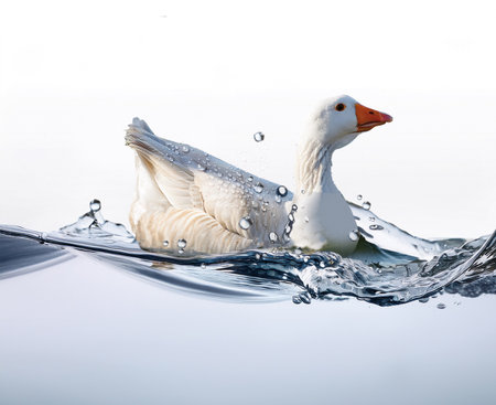 White goose splashing water, isolated on white background, studio shotの素材
