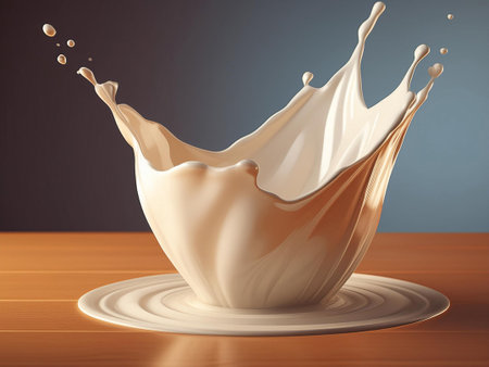 Milk splash on wooden table. 3d render illustration with clipping pathの素材