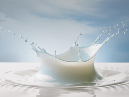 splashing milk on white background with blue sky and white clouds.の素材