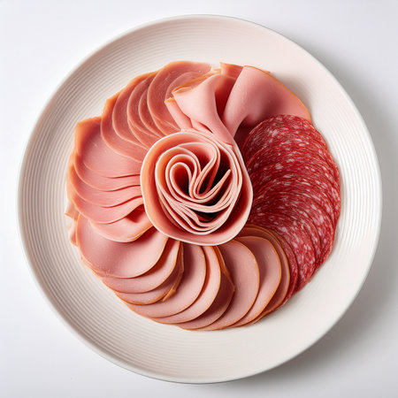Slices of salami and ham on a white plate.の写真素材