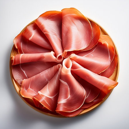 Slices of prosciutto crudo or jamon on white backgroundの写真素材