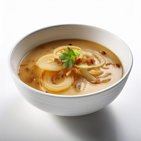 bowl of soup with onions and parsley isolated on a white backgroundの写真素材