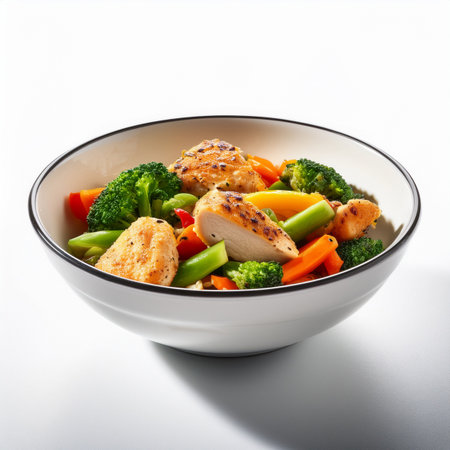 Bowl of chicken stir fry with vegetables isolated on white background.の写真素材