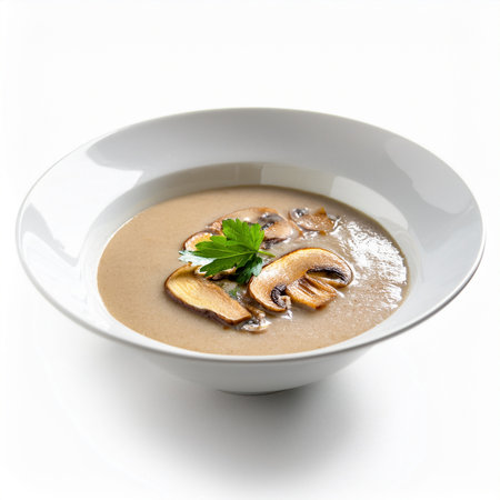 Mushroom soup with mushrooms in a bowl on white backgroundの写真素材