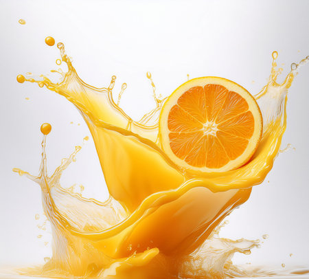 Orange juice splash isolated on white background. 3d rendering illustration.の素材
