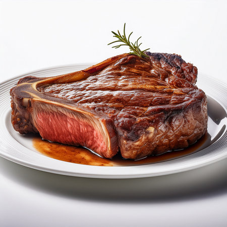 Grilled T-bone steak with rosemary on a white plateの素材