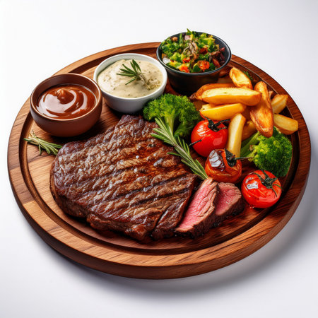 Grilled steak with french fries and vegetables on a wooden plate.の素材