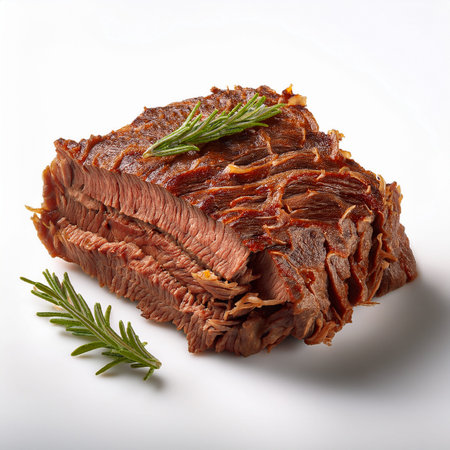 Sliced roast beef with rosemary on a white background.の素材