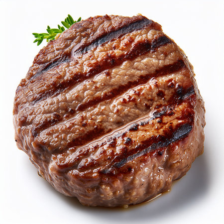 Grilled beef steaks with parsley on a white background.の素材