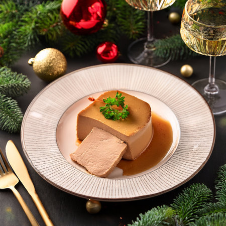 Pudding with dough and christmas decoration on a dark backgroundの素材