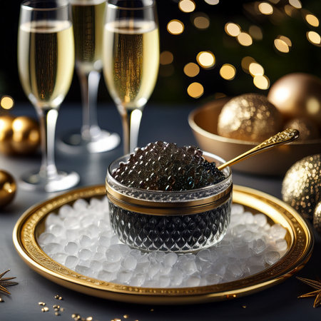 Glasses of champagne and caviar on Christmas table with golden decoration.の素材