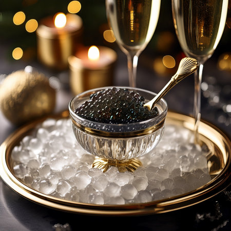 Black caviar in a glass bowl with two glasses of champagne on a black backgroundの素材