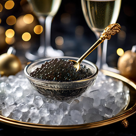Black caviar in a glass bowl and two glasses of champagne on a black background.の素材