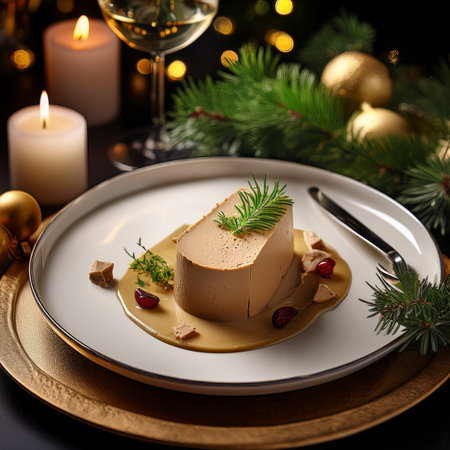 Christmas panna cotta with caramel sauce and cranberries on a plateの素材