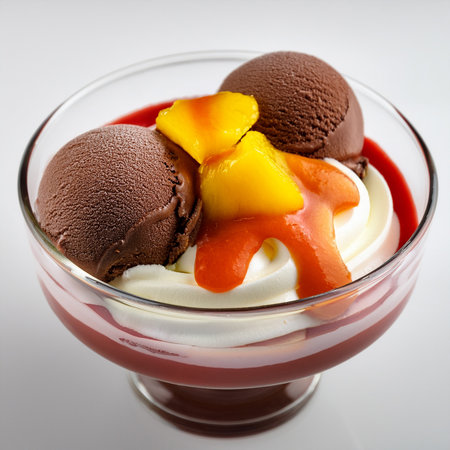Chocolate ice cream with mango in glass bowl on white background.の素材