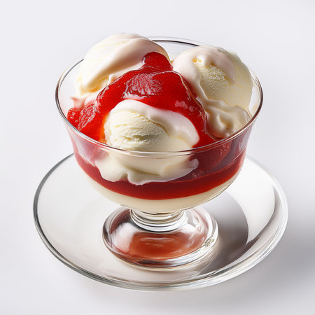 Vanilla ice cream with strawberry topping in glass bowl on white backgroundの素材