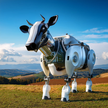 robot, milk cow, futuristic, milk, mechanical, electronic, dairy farming, metal, serviceの素材