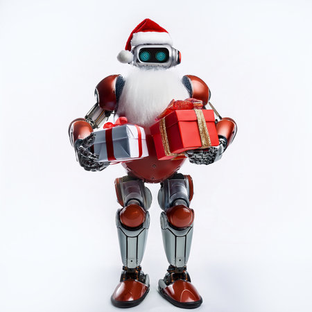 Robot Santa Claus with gifts. Isolated on white background.の素材