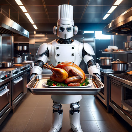 Robot holding a tray of roasted chicken in the kitchen. 3D rendering.の素材