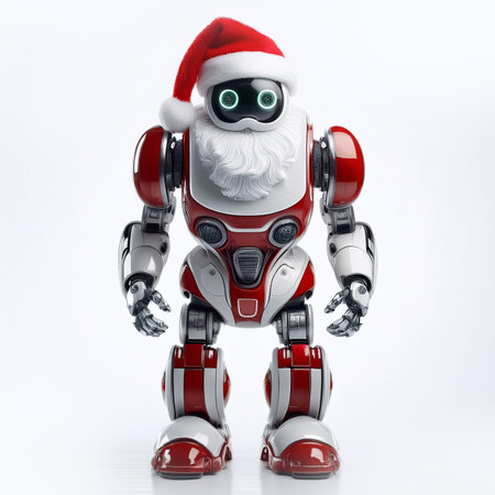 Robot wearing Santa Claus hat isolated on white background. 3d illustration.の素材