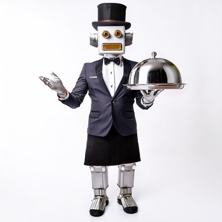 Robot waiter in tuxedo and top hat with clocheの素材