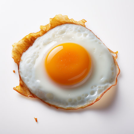 Fried egg on a white background. Top view. Flat lay.の素材