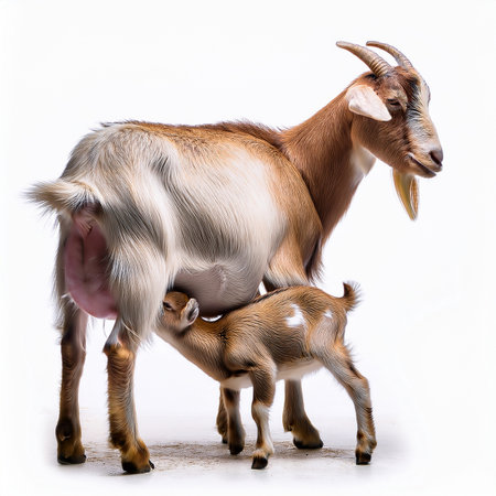 Mother goat and baby goatling isolated on white background with clipping pathbreastfeeding, foal, agriculture, farm, baby, nature, countrysideの素材