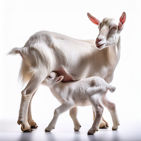 Mother goat with her baby on a white background. Studio shot.breastfeeding, foal, agriculture, farm, baby, nature, countrysideの素材