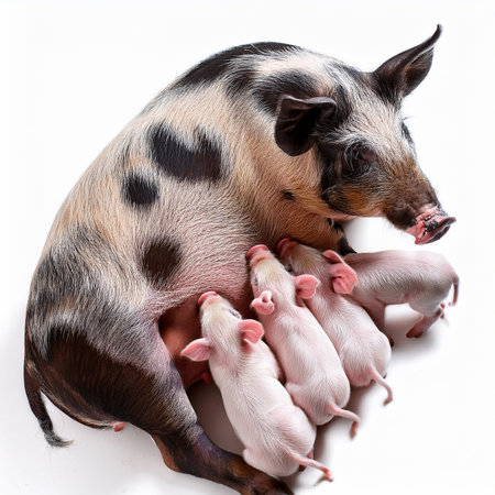 Newborn piglets suckling from mother piglet on white backgroundbreastfeeding, foal, agriculture, farm, baby, nature, countrysideの素材
